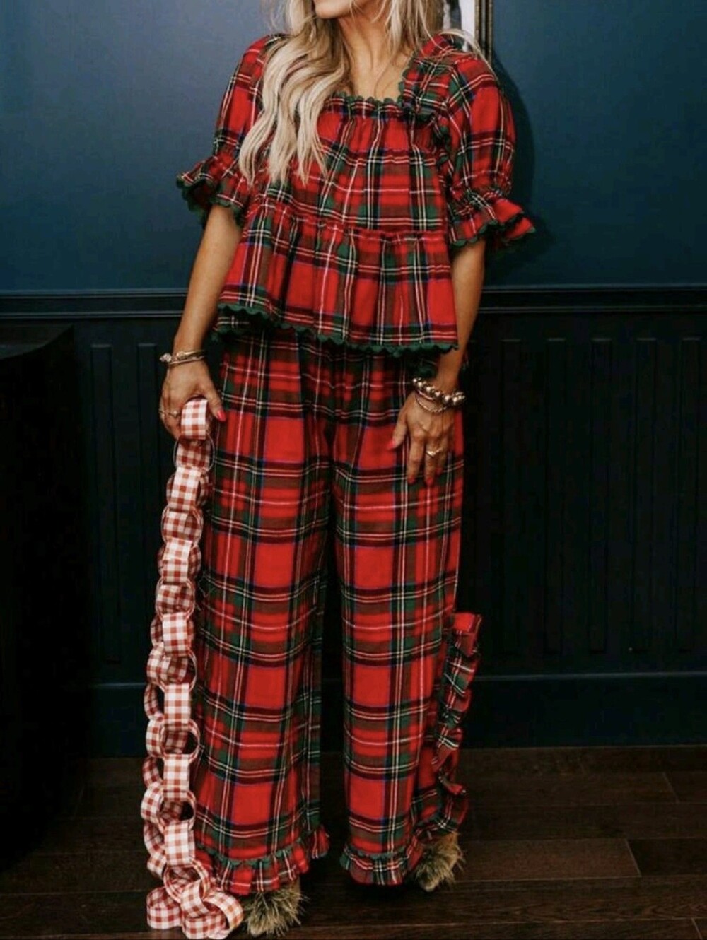 Women Plaid Pajama Set Ruffle Hem Puff Sleeve Babydoll Shirt Gingham Pants